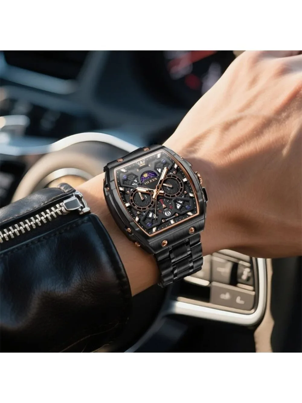 Men's Black Chronograph Big Square Analog Stainless Steel Date Wrist Watch